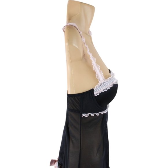 La Senza Negligee Black Pink Medium Ruffles Lace Garter Straps French Maid N122 - Picture 7 of 14